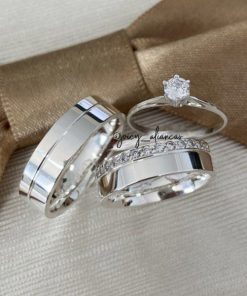 Alianças de Namoro em Prata 950 | Modelo Grazi 02 | Anatômico 6mm Liso com 1 Friso Lateral | Anel Solitário Incluso