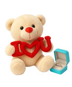 Urso de Pelúcia 25cm I Love U com Anel Solitário – Presente Romântico para Noivado