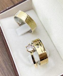 Alianças de Casamento Ouro 10K com Revestimento em Prata 6mm | Modelo Reto Anatômico com 2 Frisos Laterais