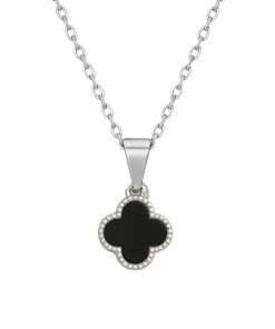Colar Choker Feminino em Aço Prata com Pingente de Trevo Preto Resinado