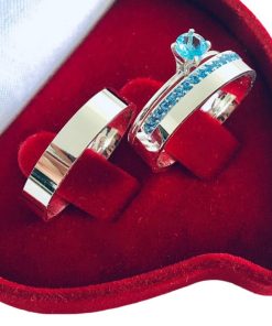 Alianças de Namoro 5mm em Prata 950 | Reto Semi Anatômico | Feminina com Pedra Azul