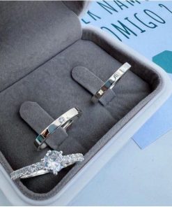 Alianças de Namoro em Prata 950 2mm | Modelo Eva | Finas e Lisas | Feminina com Pedra de Zircônia Central | Masculina Lisa