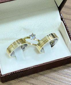 Alianças de Casamento Ouro 10K com Revestimento em Prata 6mm | Polida com 2 Frisos Laterais Anatômica