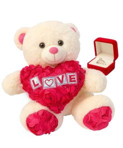Urso de Pelúcia 30cm Rosa com Anel Solitário – Presente Romântico para Namorada / Pedido de Namoro