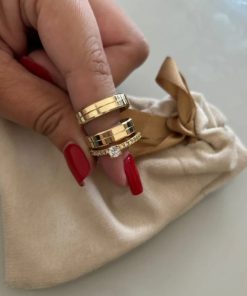 Alianças de Casamento 5mm | Modelo Chanfrado com 1 Friso Central | Moeda Antiga Banhada a Ouro 18K | Anel Solitário Incluso