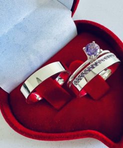 Alianças de Namoro 5mm em Prata 950 | Modelo Semi Anatômico | Feminina com Pedra Roxa