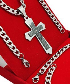 Corrente Colar Masculina Prata De Aço + Pulseira + Pingente Cruz