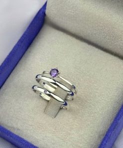 Alianças Finas de Namoro 2mm em Prata 950 | Modelo Tradicional | Pedra de Zircônia Roxa | Anel Solitário Incluso