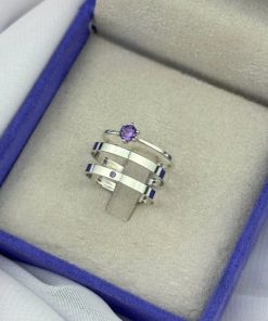 Alianças Finas de Namoro 2mm em Prata 950 | Modelo Reto | Semi Anatômico com Pedra de Zircônia Roxa | Anel Solitário Incluso