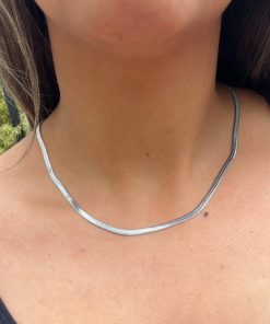 Colar Feminino Prata Laminada Fita Lisa Malha Aço Cirúrgico