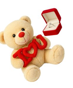 Urso de Pelúcia 25cm I Love U com Anel Solitário Prata 950 – Presente Romântico para Namorada