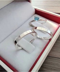 Alianças de Namoro em Prata 950 | Modelo Yasmin | 3mm Reto Anatômico | Modelo Liso | Anel Solitário Pedra Azul Opcional