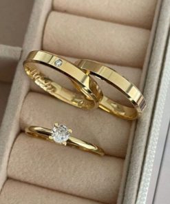 Alianças de Casamento 4mm | Modelo Chanfrado | Moeda Antiga | Feminina com Pedra de Zircônia | Banhado a Ouro 18K