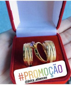 Trio De Alianças Aço Cirúrgico Banhado A Ouro 18k - 8mm - Diamantado Com Frisos