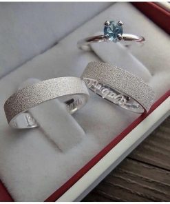 Alianças de Namoro em Prata 950 | Modelo Baby 02 | 6mm Diamantado Reto Semi Anatômico | Anel Solitário Azul Incluso